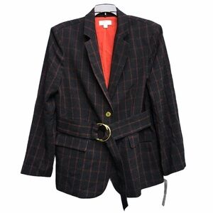 Tahari ASL Belted Notch Collar Blazer Jacket Coat Red Stripe Black Career Office